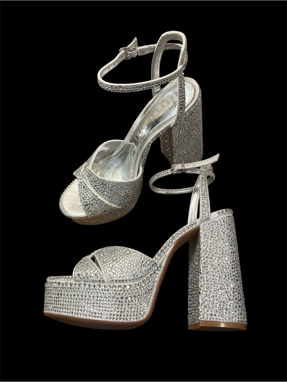 Gianni Bini Silver Crystal Platform Block Heel Sandals with Ankle Strap 8 new - Picture 3 of 6